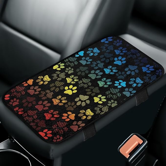 Bulopur Colorful Dog Paw Prints Auto Armrest Console Car Accessories Car Center Console Cover Easy to Install Armrest Console Cover Flannel Thickened Fit for Most Cars, Vehicles, SUVs