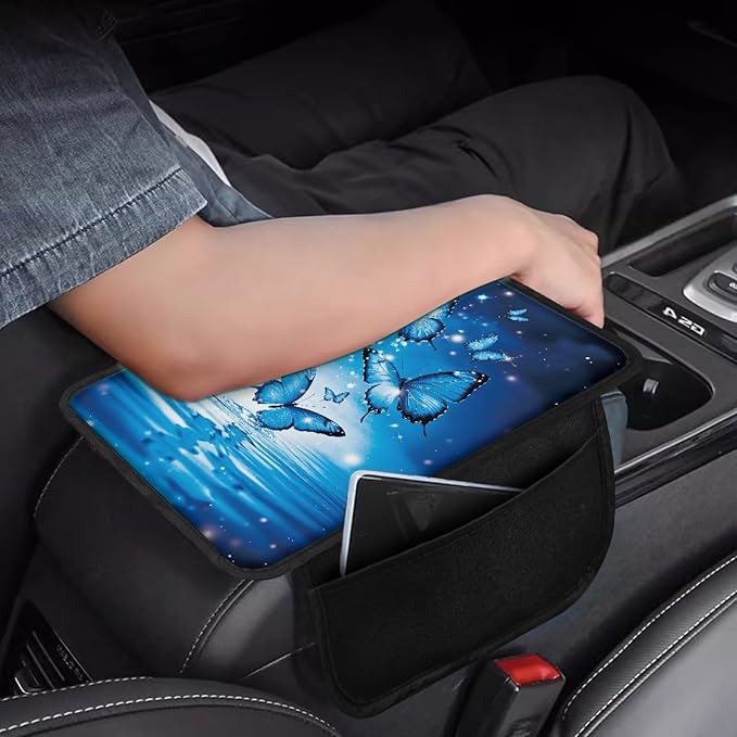 Dreaweet Blue Butterfly Center Console Cover Cute Car Accessories for Women Girly,Car Console Covers with Pockets,Universal Armrest Cover Soft Comfy Arm Rest Pad for SUV Truck Van