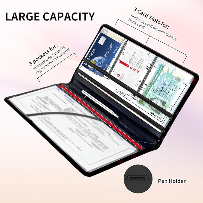 BAUCIWLD Premium Car Registration and Insurance Card Holder, Cute PU Leather Car Document Holder, Vehicle Glove Box Car Organizer with Magnetic Closure for Driver License, Cards Black Red Flag