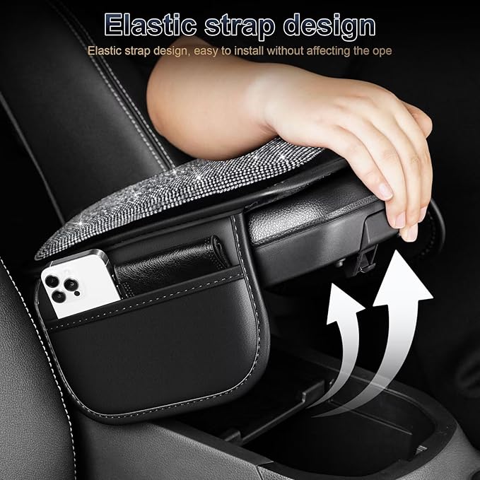 YORKNEIC Center Console Cover Fit for Lincoln Navigator Bling Car Armrest Cover Crystal Rhinestone Armrest Cushion for Car Console with 2 Storage Bags - Diamond Armrest Cover