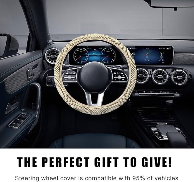 Car Steering Wheel Cover, 15 Inches Automotive Steering Wheel Protector, Elastic Stretch Steering Wheel Cover for Most Vehicles, Universal Interior Decor Car Accessories (Beige)