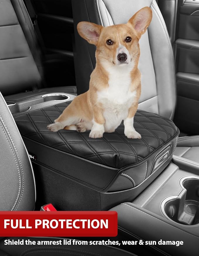 KBH Center Console Armrest Cover for Chevy Silverado & GMC Sierra 2019-2026, Tahoe & Suburban & Yukon 2021-2026, Vinyl Leather Trim, Bucket Seat, Black-Double Stitch