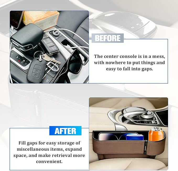 Car Seat Gap Filler Organizer with Cup Holder Expander, Leather Console Seam Filler Storage Box, Auto Front Seat Gap Organizer for Phones Keys Glasses, Universal Fit (Brown Passenger)