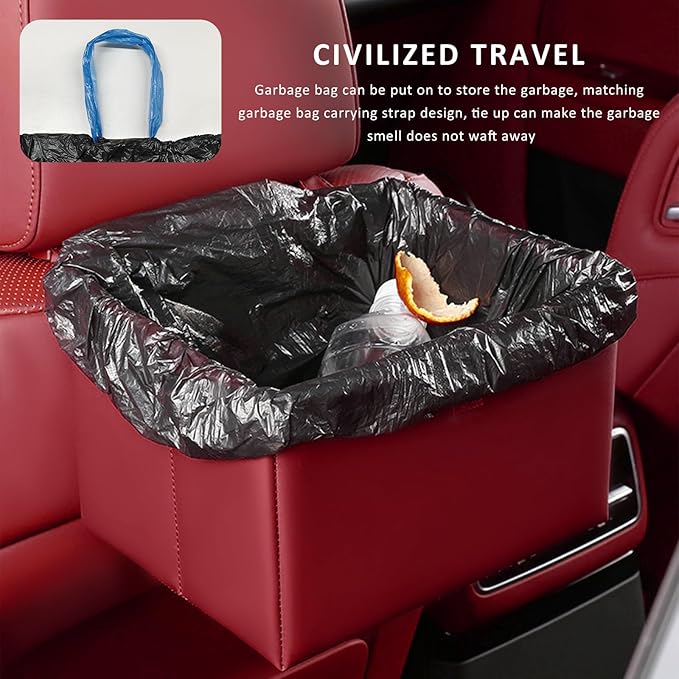 Car Trash Bin, Foldable Leather Auto Rubbish Can with Reinforced Bottom & Trash Bags, Waterproof Hanging Garbage Can Backseat Storage Box for Most Vehicles, Car Accessories (Red)