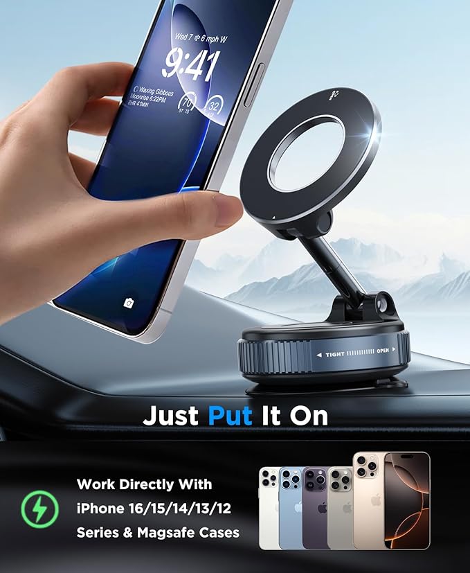 Beeasy Vacuum Phone Holders for Your Car, Magnetic Car Phone Holder, 360° Adjustable Magsafe Car Mount Compatible with iPhone Android and All Smartphones, Fit for Car/Mirror/Smooth Surface, Black