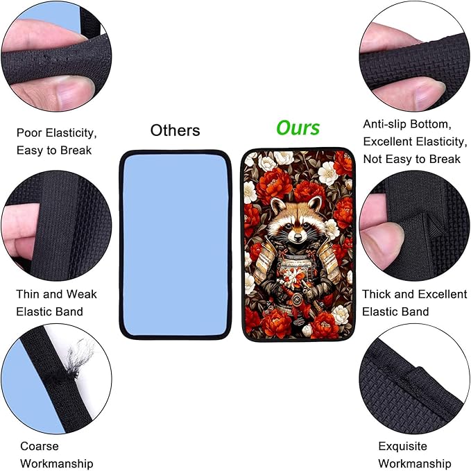 JANENFNA Car Armrest Cover Pads Universal Fashion Cute Auto Center Console Armrest Cover Pad with 2PCS Car Coasters Soft Waterproof Car Armrest Seat Protector for Women,Raccoon Warrior