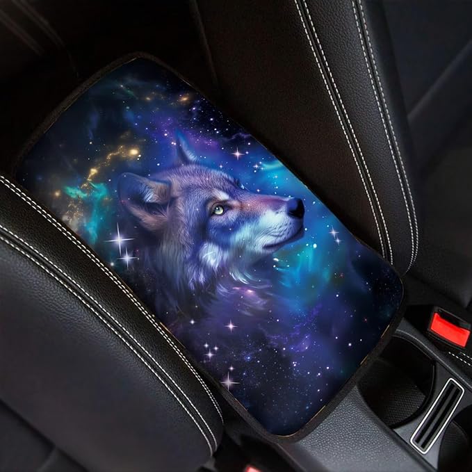 Galaxy Wolf Print Car Center Console Armrest Cover Dust-Proof Decorative Armrest Box Protector Cushion Pad for Most Vehicles, Universal Fits, Blue