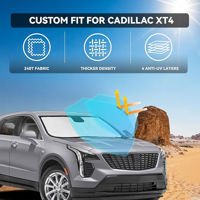 for Cadillac XT4 2019-2025 Windshield Sun Shade - 4 Layers Car Sunshades for Front Windows Shade Cover Custom Fit XT4 Sun Visor 240T Retractable Shade Blocks UV Rays Car Accessories