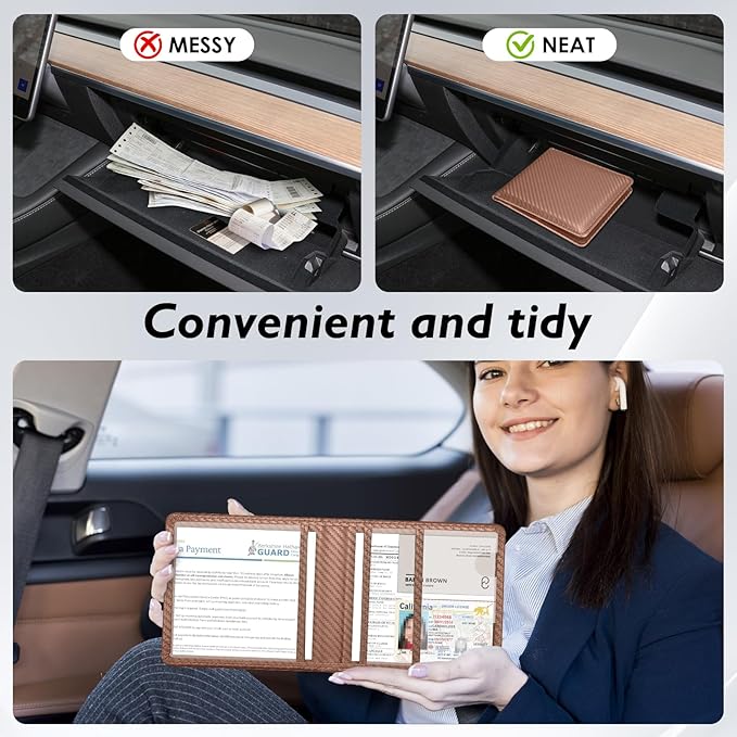 Tavonis Car Registration and Insurance Card Holder，Small Glove Box Organizer for Men and Women，Car and Truck Driver License, Documents, Card Storage Accessories，Brown