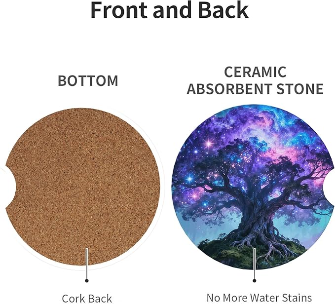 HUWAAI Tree Life Sky Galaxy Car Cup Holder Coasters 2 Pack Universal 2.63 Inch Anti Slip Ceramic Absorbent Coaster with Cork Base and Finger Notch Cute Car Accessories Interior for Women