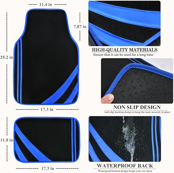 CAR PASS Faux Leather Car Mats Blue Edge Waterproof Car Floor Mats Car Carpet Mats 4 Pieces with Double Stitch Line Anti-Slip Backing Design, Universal Fit for Most Vehicles,SUVs,Sedan,Vans