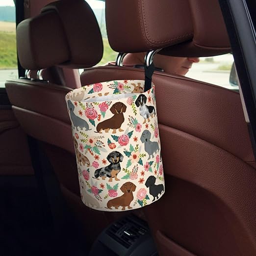 Dachshund Sausage Dogs Pink Flowers Print Car Trash Can Leak Proof Hanging Waterproof Garbage Can Multipurpose Trash Bin for Car SUV Front Seat Headrest Collapsible and Portable Storage Pocket