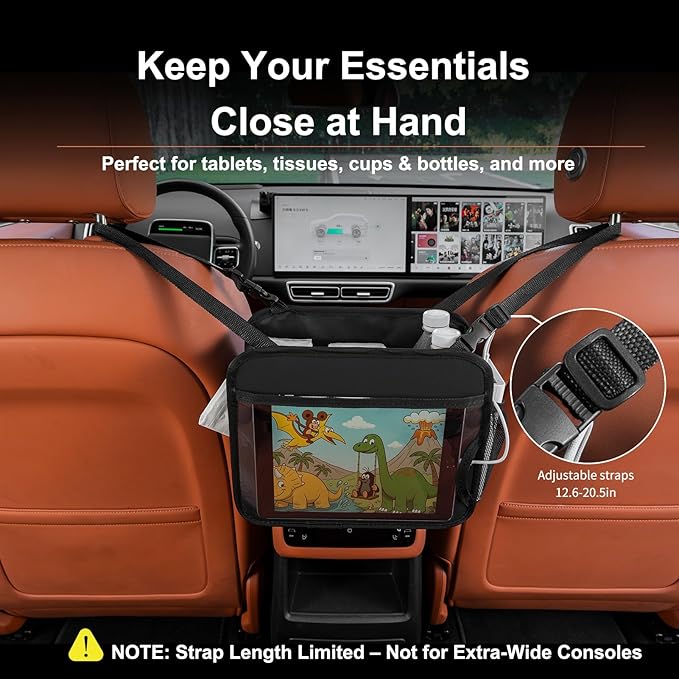 Uplien Car Organizer Bag for Back Seat Front Seat or Between Seats Premium PU Leather Hanging Storage Caddy with Tablet Holder Tissue Box Cup Bottle Holders Mesh Pockets for Kids Adults