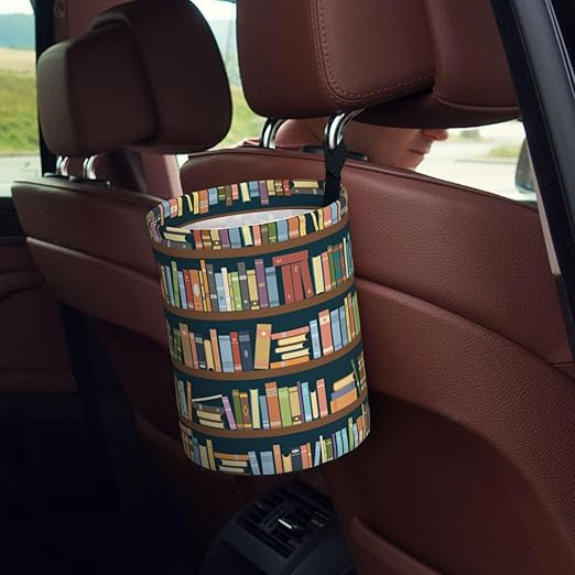 KXWQTRDD Car Garbage Bag Bookshelves Full of Books Mini Car Trash Bin Portable Collapsible Waterproof Rubbish Bag for Car Accessories Back Front Seat Cup Holder