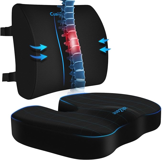 CushZone Seat Cushion, Lumbar Support Pillow with Adjustable Strap-Chair Cushions for Sciatica Pain Relief-with Washable Cover Memory Foam for Car, Travel and Wheelchair-Black