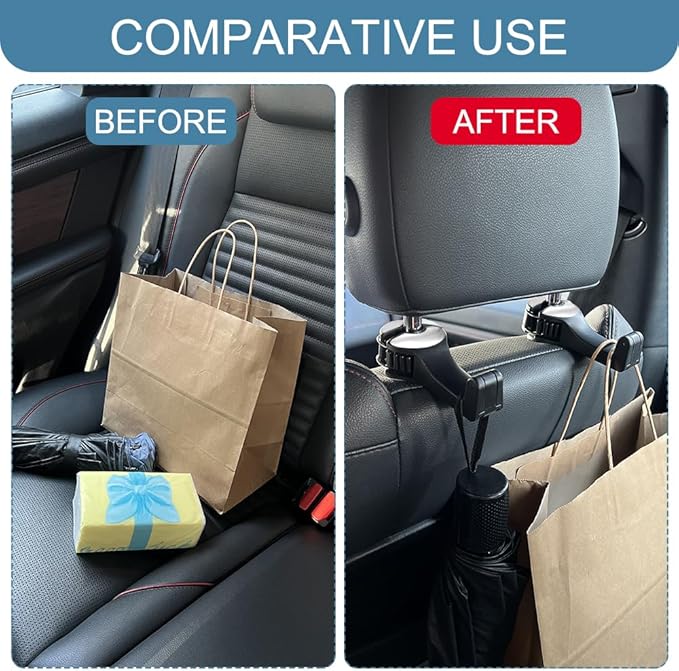2PCS Car Headrest Hidden Hook, Bag Holder for Car, 2 in 1 Auto Seat Hooks with Phone Holder, 360° Rotation Adjustable Vehicle Back Seat Storage Hanger for Purses and Bags (Silver)