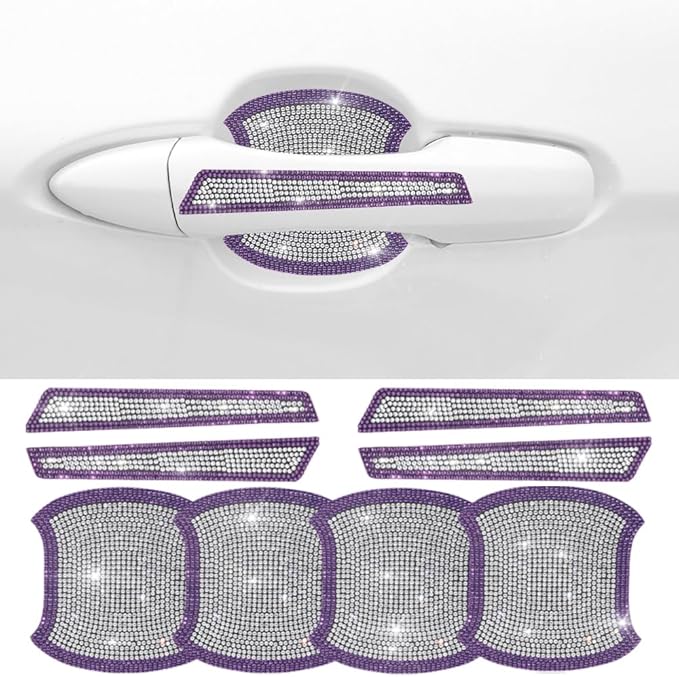 8Pcs Bling Car Door Handle Protector Stickers,Crystal Rhinestone Glitter Car Door Handles Cup Scratch Protectors Decals Universal (Purple White)