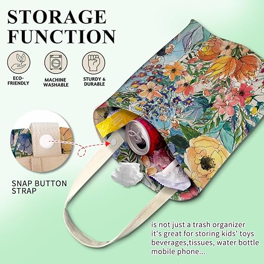 Car Trash Can, Cute Car Trash Bag, Hanging Car Organizer and Storage Bag, Trash Bin for Car Accessories, Vehicle, Travelling, Camping Cute Colorful Flower