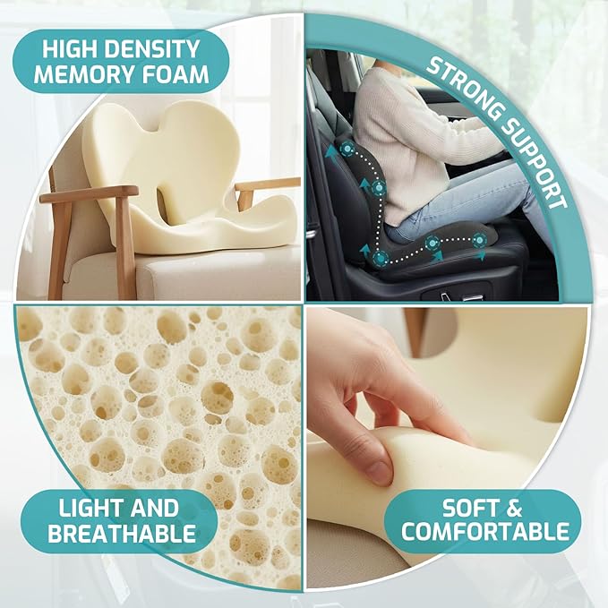 Trucker Seat Cushion, Car Seat Cushions with Lumbar Support Pillow, Ergonomic L-Shaped Orthopedic Memory Foam Pad for Long Driving Back Pain Sciatica Relief, Drivers Office Workers (Black+WE)