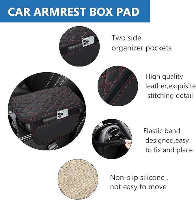 Car Armrest Cushion for BMW iX X1 X2 X3 X4 2004-2025, Center Console Covers Pad Leather Accessories, Arm Rest Protector Mat with Side Storage Bag for SUV/Sedan/Truck, B/Black-Red