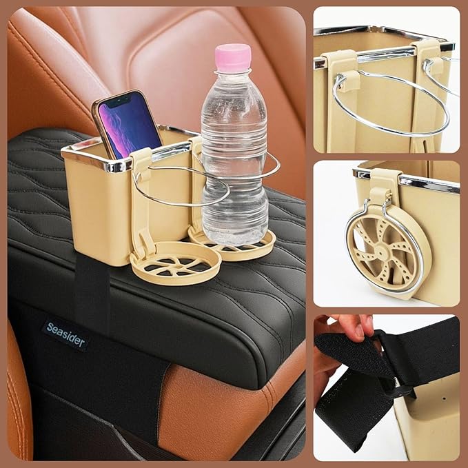 Armrest Organizer with Twin Fold-Flat Cup Holders, Between Seat Center Console Storage Box for Tissue, Water Tumbler Smartphone Wallet, Car Truck Universal Tray Multifunctional Interior Accessories