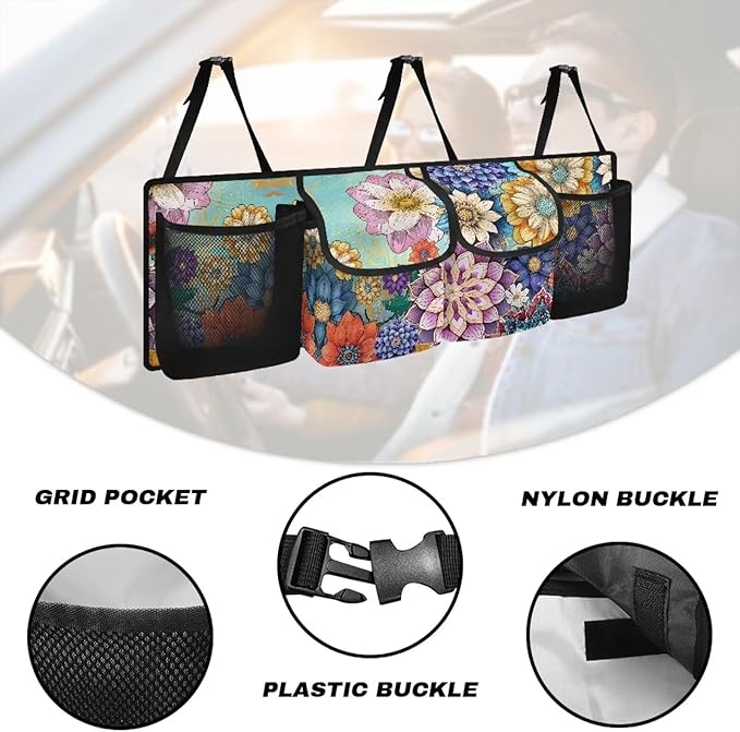 Dreaweet Boho Floral Print Car Trunk Organizer for Sedan Collapsible Hanging Car Storage Organizer Accessories Interior for Women Large Capacity 4 Pockets Car Organizer for SUV Trucks Minivan