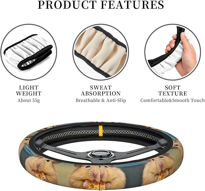 Funny Hamsters Car Steering Wheel Cover, 15 Inch Steering Wheel Cover Stylish Decor for Most Cars