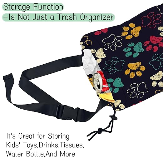 NHNXHWIA Colorful Paw Car Trash Bag,Hanging Drawstring Car Garbage Bag, Waterproof Canvas Car Back Seat Organizer with Adjustable Buckle, for Vehicles, SUVs, Camping, Road Trips