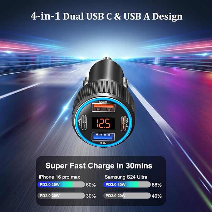 65W 4 Port Super Fast Type C Car Charger for Samsung S25 S24 S23 Ultra A53 A16, Multi Port PD/QC 3.0 Fast Charging Cigarette Lighter USB Charger with Voltage Meter++4 Pack USB C Cables