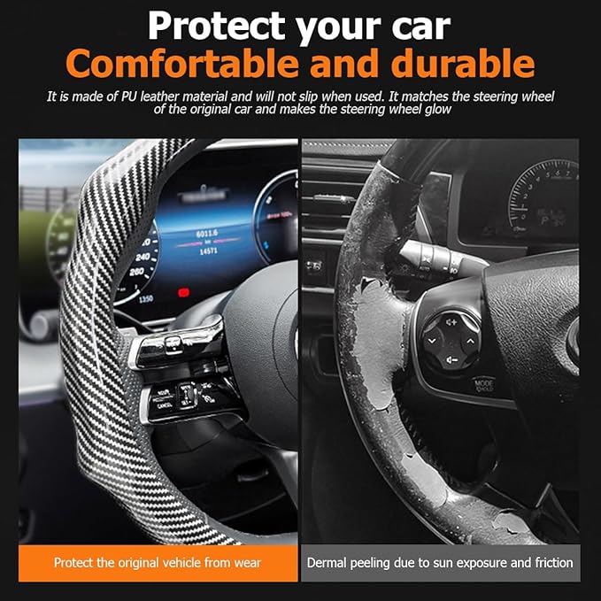 Carbon Fiber Car Steering Wheel Cover, Leather Non-Slip Vehicle Steering Wheel Cover for 14.5-15 Inch, Comfortable Auto Interior Protector Decoration Accessories, Universal Fit(Silver)