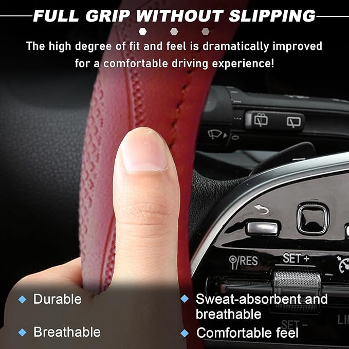 15 Inch Leather Steering Wheel Cover, Breathable Anti-Slip Steering Wheel Protector Cover, Elastic Soft Comfortable Universal Wheel Cover for Men and Women, Car Accessories (Wine Red)