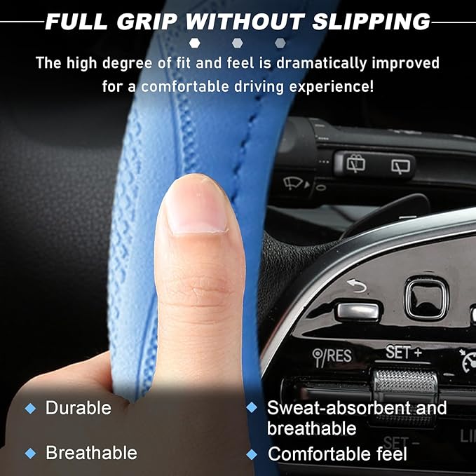 15 Inch Leather Steering Wheel Cover, Breathable Anti-Slip Steering Wheel Protector Cover, Elastic Soft Comfortable Universal Wheel Cover for Men and Women, Car Accessories (Blue)