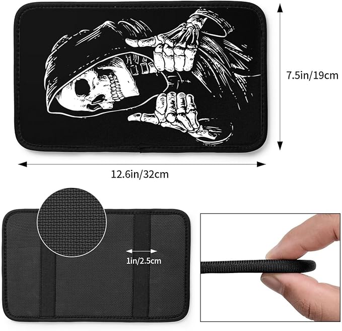 Black and White Funny Skull Center Console Cover Pad, Car Armrest Seat Box Cover Cushion Universal for Most Vehicle SUV Truck, Car Interior Accessories Decor, Protect from Pet Claws & Dirt