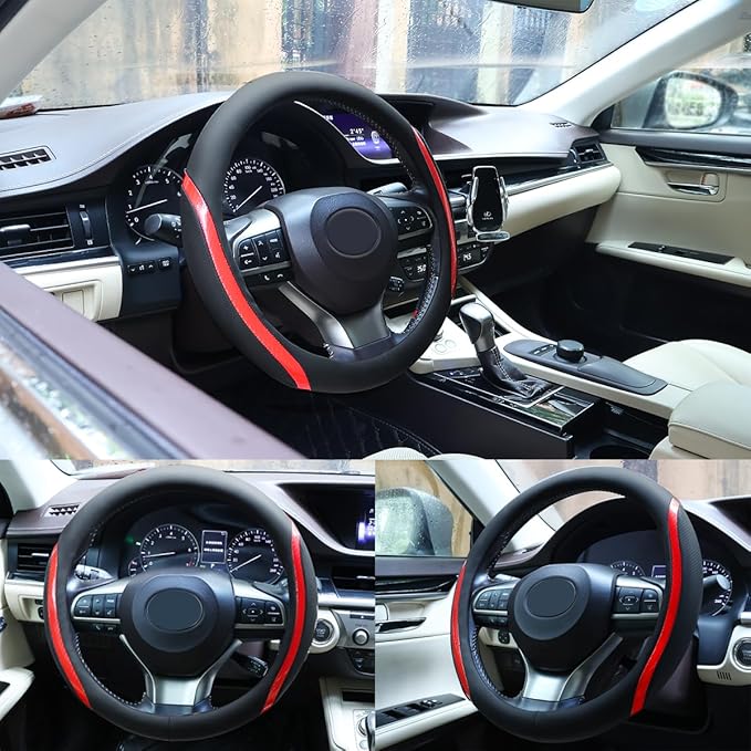 Muamos Steering Wheel Cover Black Red, Carbon Fiber Car Steering Wheel Covers with Coasters Universal 14.5-15 inch Leather Microfiber Breathable Anti-Slip Steering Wheel Accessories Set