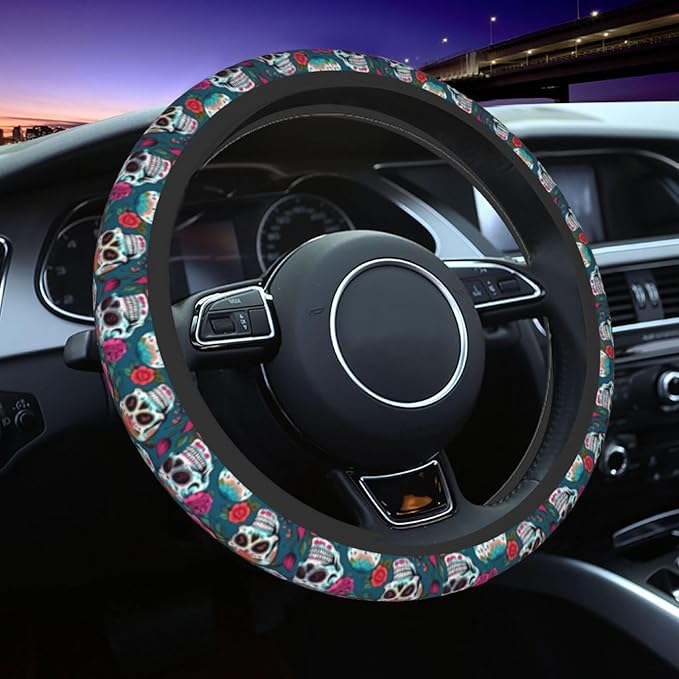 Skull Cute Steering Wheel Cover Non-Slip Breathable Sweat-Absorbent Suitable for SUV Van Truck Car Universal Protection Accessories 15 Inch Suitable for Women Men