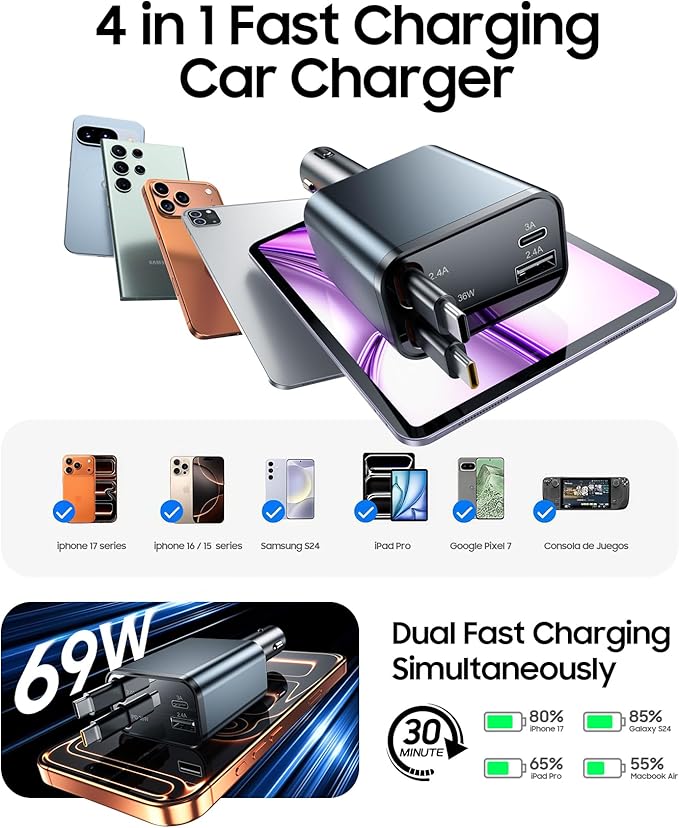 Temdan Retractable Car Charger, 4 in 1 Fast Charger USB C Car Truck Accessories, Travel Essentials for Christmas Day Gifts for Women Men, Car Accessories for iPhone 17 Pro Max Air 16 15 14 Plus,Galaxy
