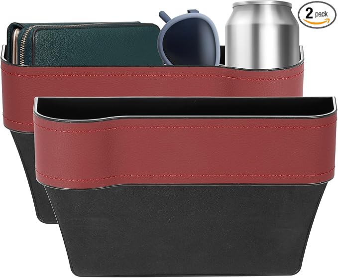 HARFINGTON 2pcs Car Seat Gap Filler Organizer 10.2 x 6.5 x 3.1 Inch ABS+Leather Universal Car Organizer Storage Box Between Seat and Console (Left+Right) with Cup Holders for Phone Keys, Red