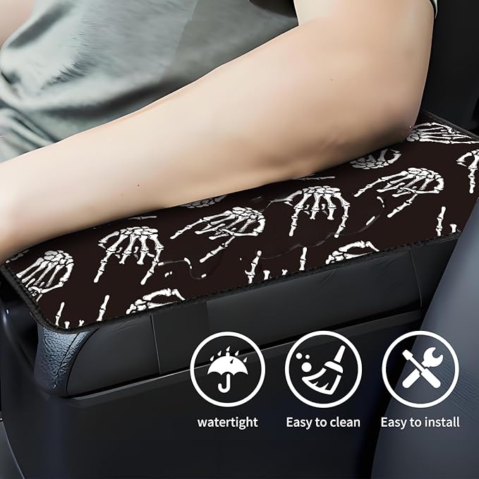 Car Center Console Cover, Universal Soft Large Neoprene Auto Armrest Seat Box Cover, Funny Car Decor Accessories Fit for Most Cars, Vehicles, SUVs Cool Black Skull Hands