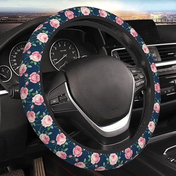 Rose Navy Floral Neoprene Steering Wheel Covers Women Men Car Accessories, Universal 15 Inch Fit Auto, Suvs, Truck