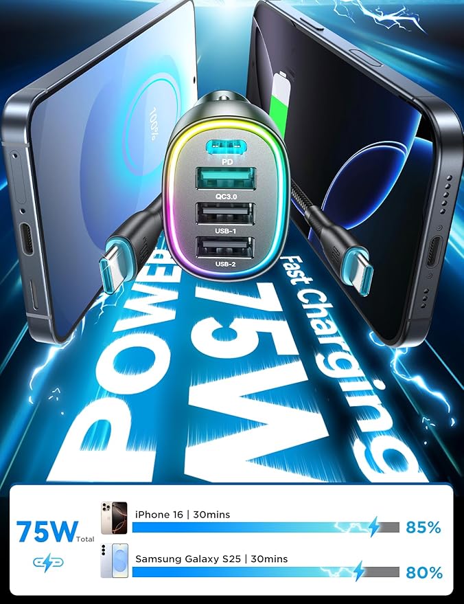 75W Car Charger USB C for iPhone 17, Multi Port Cigarette Lighter USB Adapter Fast Car Charger with 3.3ft 60W USB C Cable Fast Charging
