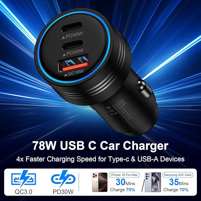 Samsung Galaxy S25 Edge Car Charger,78W 3Port Super Cigarette Lighter Adapter Fast Charging for Galaxy S25 Ultra A36 A17 A16 S24 S23 S22 S21 S20 10, USB C Car Phone Charger for iPhone 16 15 Pro Max