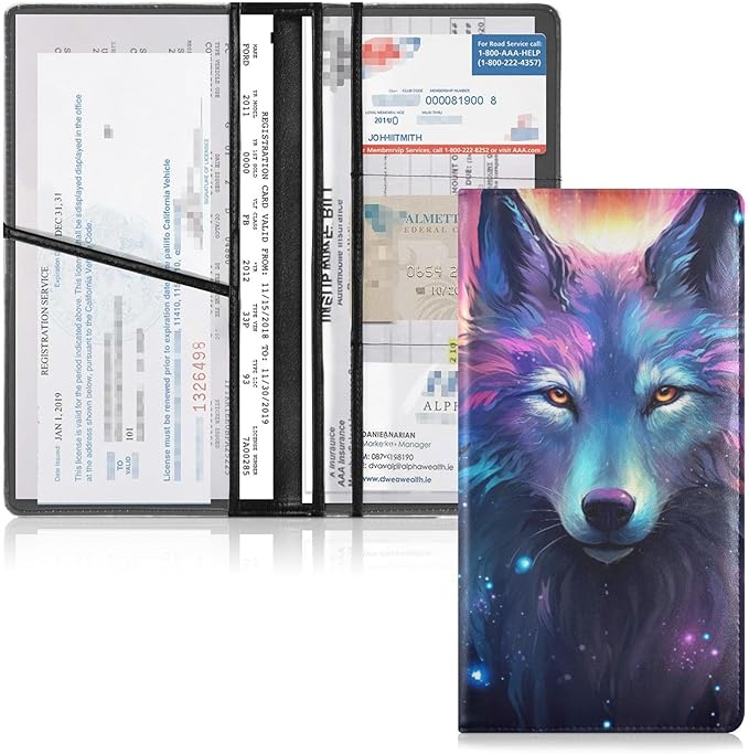 Purple Galaxy Wolf Car Registration and Insurance Holder Vehicle Glove Box Organizer Car Accessories Wallet Case for Women Men 202a0001