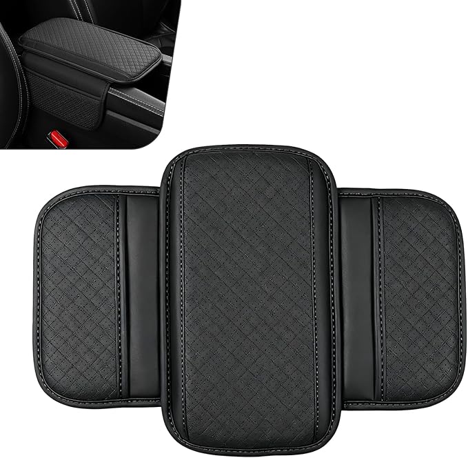 Car Center Console Cover, Perforated Leather Armrest Cushion with 2 Storage Bags, Plaid Arm Rest Box Pad, Car Armrest Storage Box Interior Accessories for Most Vehicles (Black)
