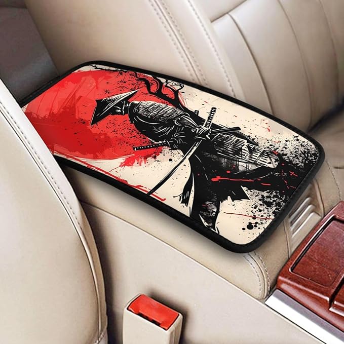 indokyeyqaz Universal Car Center Console Cushion Pad, Retro Japanese Samurai Soft Waterproof Car Center Console Cover Auto Armrest Seat Box Cover Protector for Most Vehicle SUV Truck Car