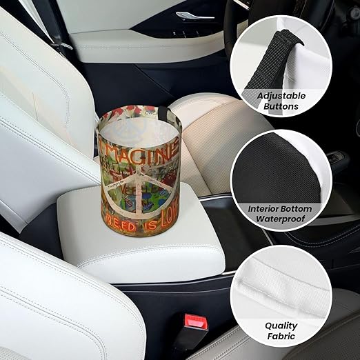 Rectangle Peace Sign Graffiti All You Need Is Love Car Trash Can Leak Proof Hanging Waterproof Garbage Can Multipurpose Trash Bin for Car SUV Front Seat Headrest Collapsible Portable Storage Pocket