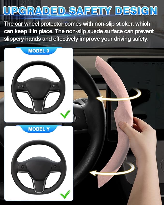 Shademax Custom-Fit for Tesla Steering Wheel Cover, Tesla Model Y / 3 2017-2025 2026 (Fit Model Y Juniper 2026/ Model 3 Highland) Suede Steering Wheel Cover for Tesla Model Y / 3 Accessories (Pink)