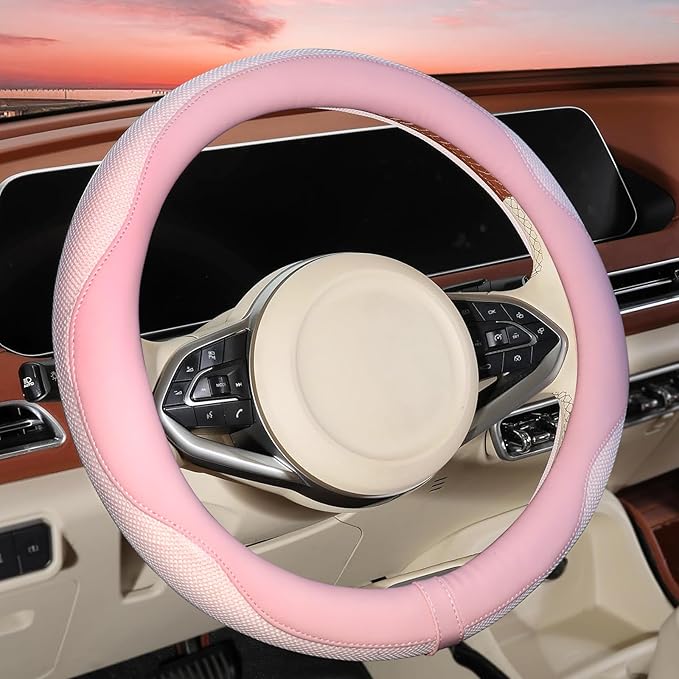 ZHOL Light Pink Steering Wheel Cover, Breathable Microfiber Leather Anti-Slip Cute Car Steering Wheel Cover for Women, Warm in Winter and Cool in Summer, 15 Inch