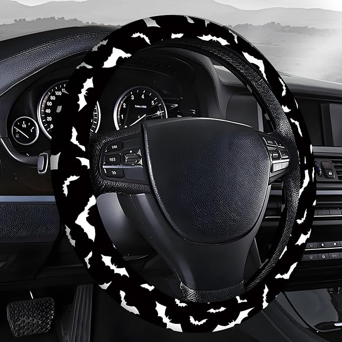 Steering Wheel Covers for Car, Truck, and SUV, Cute Non-Slip Breathable Elastic Steering Wheel, Car Accessories, Universal 15 Inch Leather Cover for Men Women Black Bat