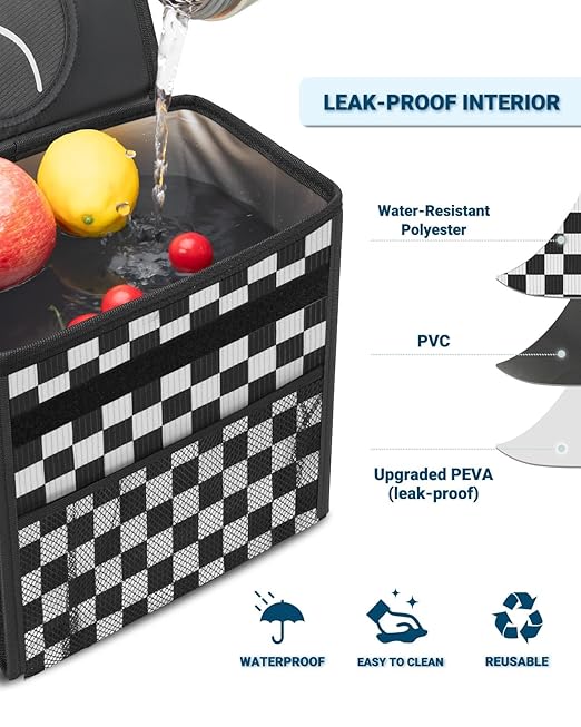 Capolo Car Trash Can with Lid, Leakproof Car Trash Bag Hanging Waterproof Automotive Garbage Can with Storage Pockets Mini Vehicle Trash Bin for Back/Front Seat(Corduroy Black Checkerboard,3 Gallon)