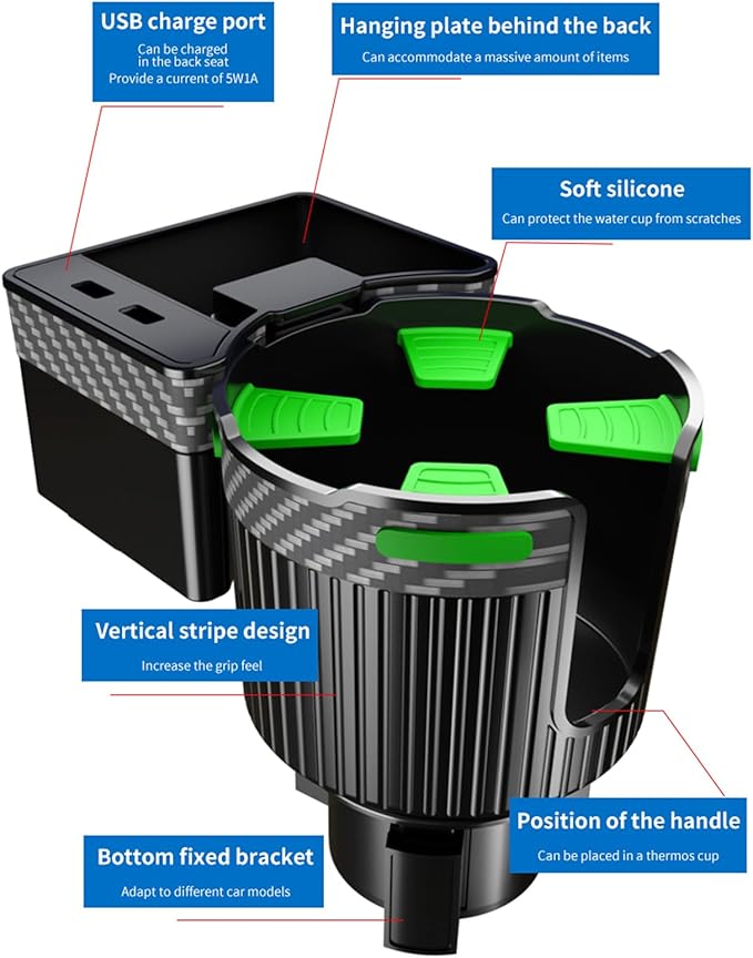 Big Cup Holder Phone Holder for Your car,with Rubber Lining Rotable cupholder Base Safely Hold The Big Water Bottle and Support Cellphone Charge. (BJ-2377B)